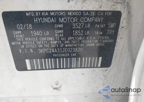 2018 Hyundai Accent Sel z USA, uszkodzony, nr VIN 3KPC24A31JE023870
